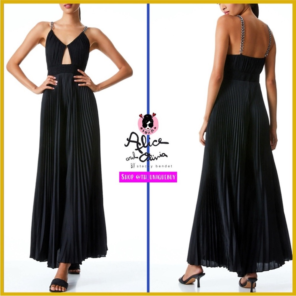 Alice + Olivia Gloria Wide Leg Chain Strap Pleated Jumpsuit Black size 8